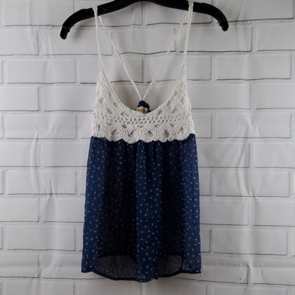 Hollister Sheer Navy and White Dot Crochet Shirt
